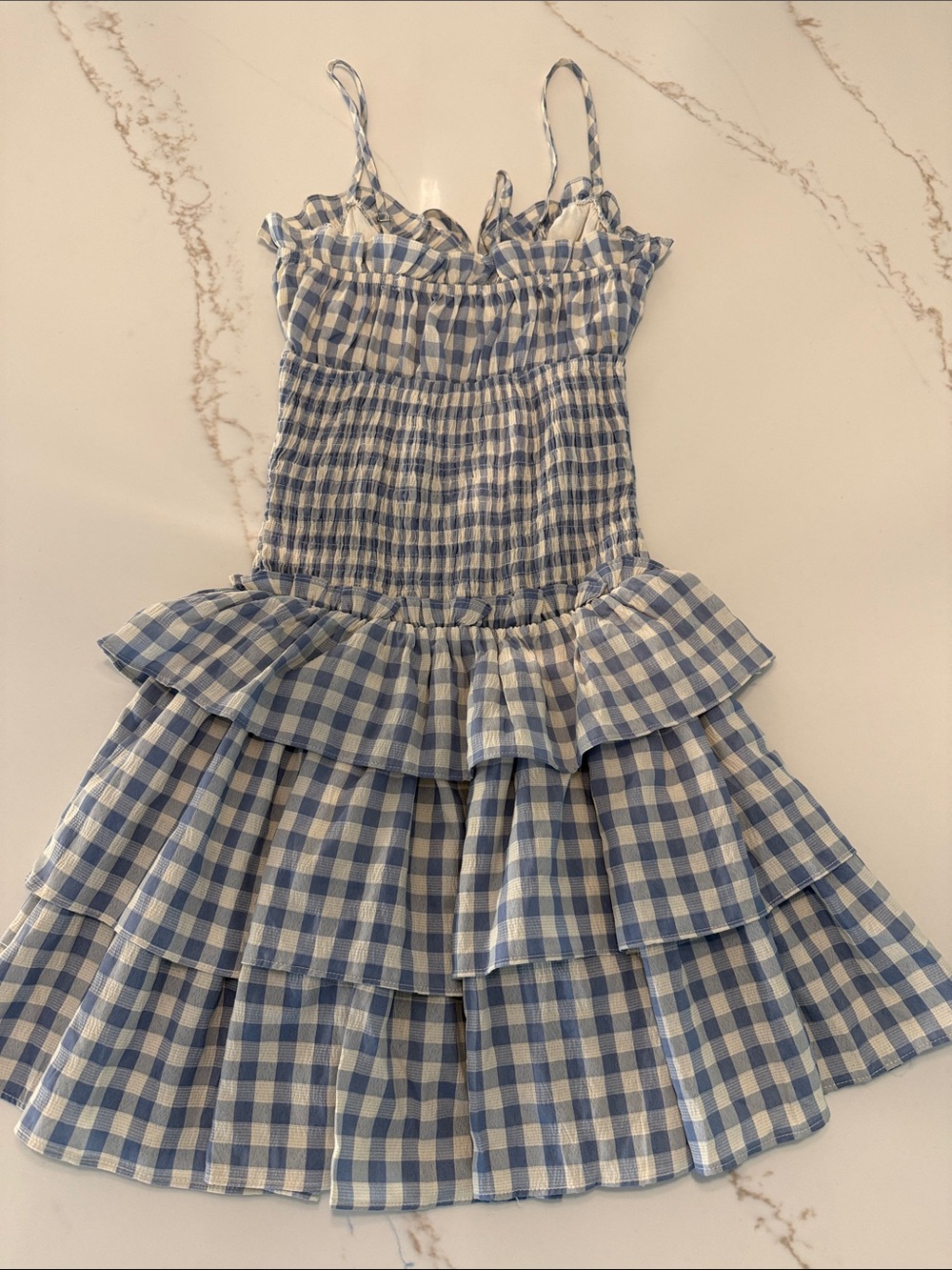 Blue Gingham Ruffle Mini Dress with Spaghetti Straps - Picture 4 of 6